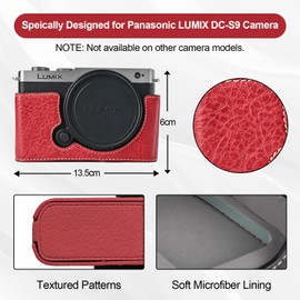 VOVMOEYA Protective Camera Case for Panasonic LUMIX S9,LUMIX DC-S9 Half Case with Soft Microfiber Inner LUMIX S9 Mirrorless Camera Cover Function Well 1/4"-20 Hole Retro PU Litchi Stria-Retro Red