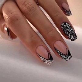 Press on Nails Short Coffin Fake Nails Silver Glitter Acrylic Nails Black French Tip False Nails with Design Leopard Glue on Nails Stick on Nails for Women Manicure 24Pcs