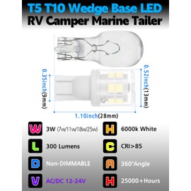 T5 T10 Wedge Base Led Bulbs 12-24V Low Voltage Landscape, 3W 300lm Equivalent to 30W Halogen, 6000K Daylight White for Interior RV Camper Marine Tailer Boat Path Walkway Patio Driveway Lighting,5 pack