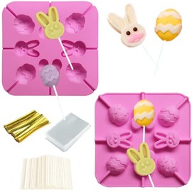 SOESS 2 Pack Easter Lollipop Candy Silicone Molds 8- Cavity Bunny Eggs Lollipop Mold Chocolate Hard Candy Mold including Rabbit, Mouse, Eggs 80 Lollipop Sticks,Candy Treat Bags and Twist Ties
