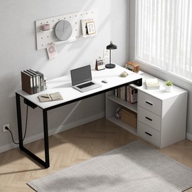 Chnnmbrn Home Office Computer Desk with Power Outlet,55 Inch Large L Shaped Desk with Drawers and Shelves,White Business Furniture Desk Workstation for Home Office