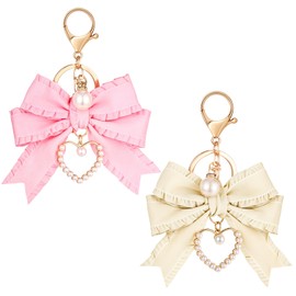 Neptniopllab 2PCS Bow Keychain Beige+Pink Ruffle Bow Keychain Heart Pearl Keychain Bowknot Wristlet Keyring for Women,Purse Charms, Beige+pink, 2Pcs