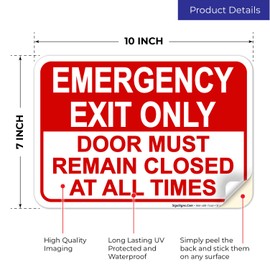 Sigo Signs, Emergency Exit Only, Door Must Remain Closed Sign, 10x7 Inches, 4 Mil Vinyl Decal Stickers Weather Resistant UV Protected, Made in USA