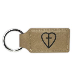 Heart with Cross Keychain Leatherette Rectangle - Laser Engraved - Many Colors - Key Chain Ring - religious faith - Light Brown
