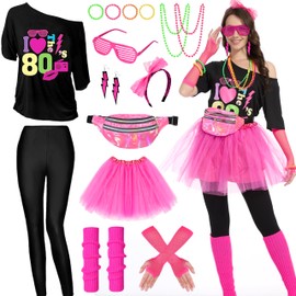 Aragallant Women's 80s Outfit, Theme Party Costume with T-Shirt, Tutu, Headband, Belt Bag, Earring, Neon Party Costume for Girls (Black, M)