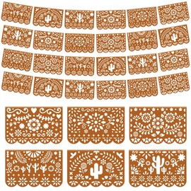 Tiamon 4 Pack Mexican Party Decorations Plastic Papel Picado Banner Garland Waterproof Cielito Lindo Decor for Baby Shower Day of The Dead Wedding Cinco De Mayo Outdoor Decor (Dark Brown)