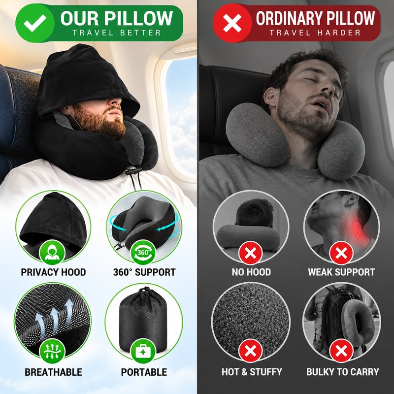 Hooded Travel Neck Pillow for Airplane & Car – U-Shaped