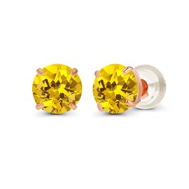 14K Rose Gold Plated Sterling Silver 6mm Round Created Yellow Sapphire Birthstone Prong Set Stud Earrings For Women