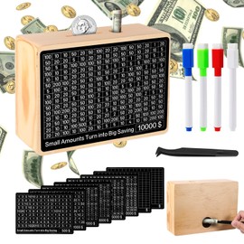 Cash Vault Wooden Savings Box, Piggy Bank for Adults Kids with 8 Saving Targets 500-10000 Challenge Box Money Saving Goals, Gold One Piece Coin Cash Saver Storage Case Bank No Install Required