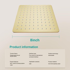 AULEEND Square Rain Shower Head, High Flow Stainless Steel,Work with any decorative style，All Metal Rainfall Shower Head (Brushed Gold, 8)