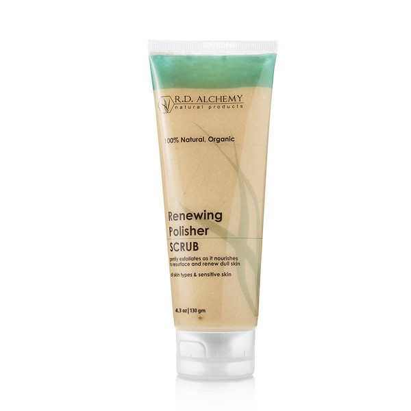 RD Alchemy - 100% Natural & Organic Renewing Polisher Face Scrub for Sensitive Skin & All Skin Types. Gently Exfoliate with Jojoba Beads, AHAs, & Rice Bran for Fresh, Healthy Skin.