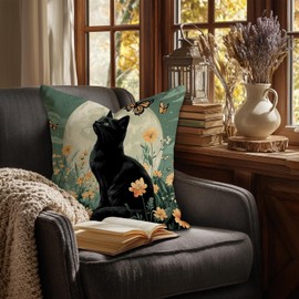 Velvet Decorative Throw Pillow Cover,18x18 Inch Soft Cushion Pillow Covers,Vintage Black Cat with Floral Moon Pillowcase,Farmhouse Home Decor for Sofa Living Room Couch Bed Not Pillow Inserts