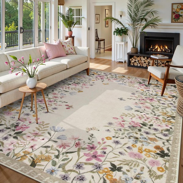 Wonnitar Washable Boho Floral 9x12 Rugs for Bedroom, Non-Slip Living