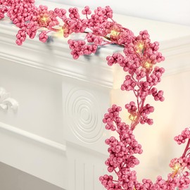 Syhood Valentine Garland Glitter Berry String Pink 6 ft Artificial Lighted Berry Garland for Valentine Winter Fireplace Mantel Table Holiday Decor(1 Pc)
