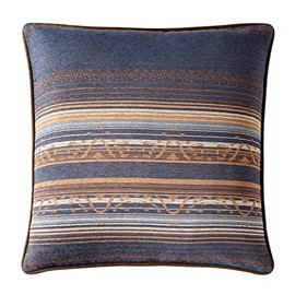 Paseo Road Estes Western Euro Pillow Sham, 27x27 inch, Blue Striped Rustic Cabin Theme Bedding, Faux Leather Details, Chenille Jacquard Euro Pillow Covers