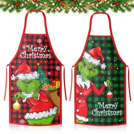 Hpbaggy Christmas Aprons, Pack of 2 Grinch Christmas Aprons, Decorative Apron with Merry Christmas and Christmas Patterns, BBQ Apron Baking Apron for Chef and Bakers for Christmas Eve etc., Red +