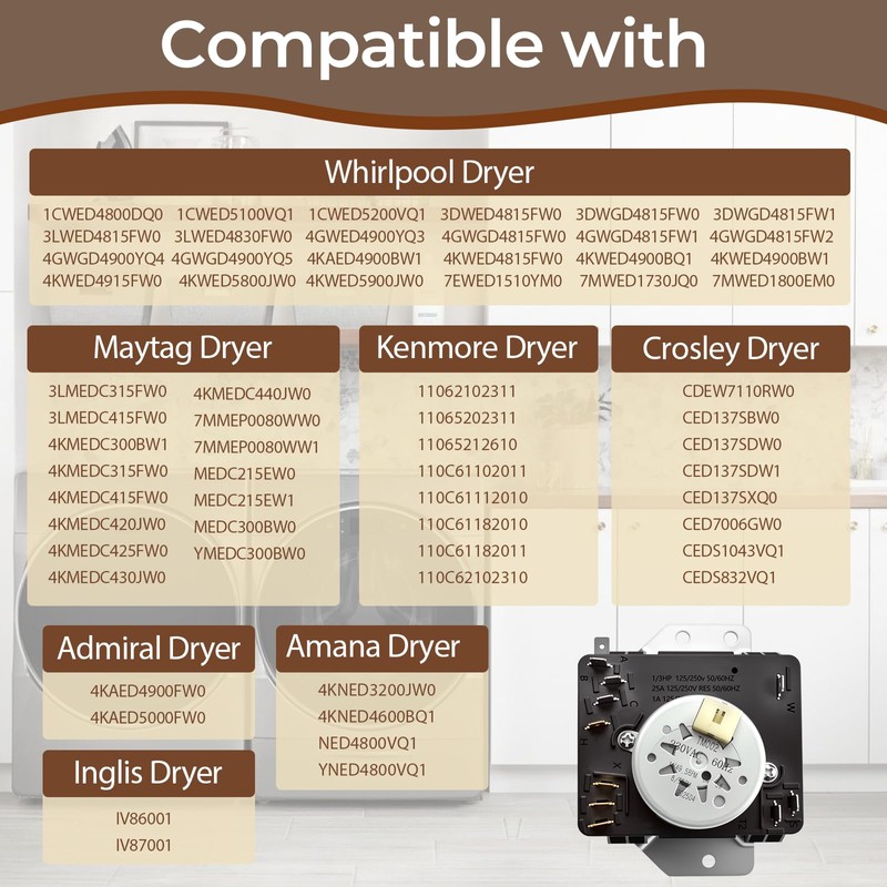 W10185982 Dryer Timer Compatible with Whirlpool, Maytag, Amana, Crosley, Admiral,