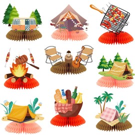 PRATYUS Camper Birthday Decorations, 9 Pcs Camping Party Honeycomb Centerpieces Table Decors for Kids Boys Girls Baby Shower Birthday Party Events
