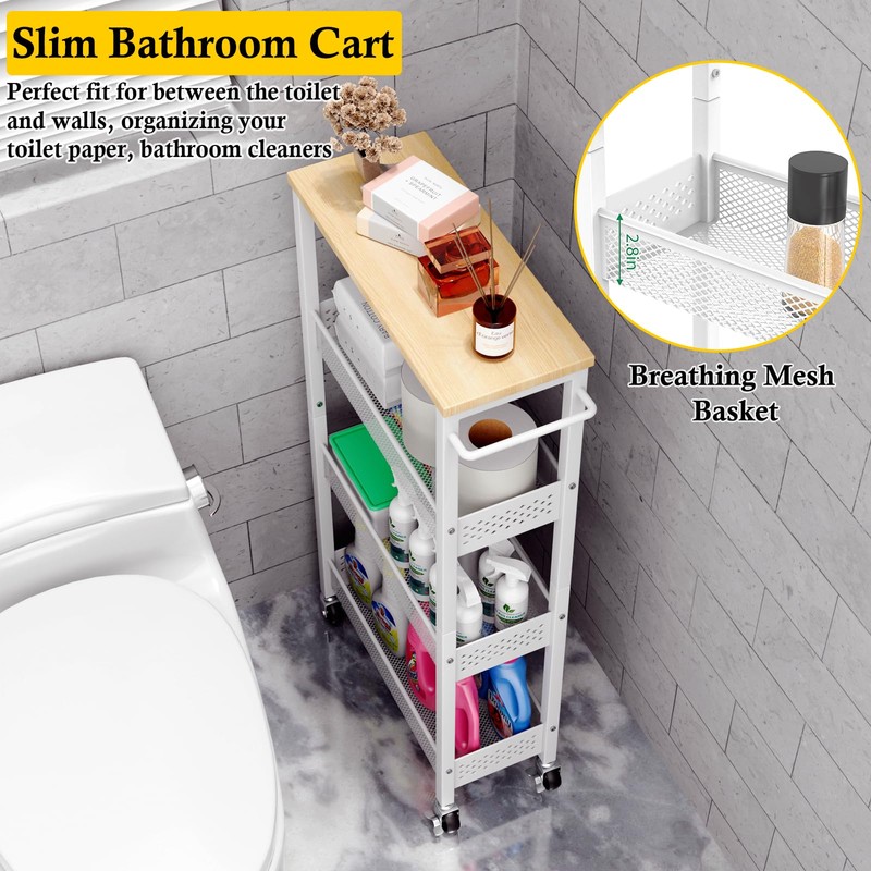 OKZEST Utility Slim Storage Cart, 4 Tier Small Rolling Kitchen