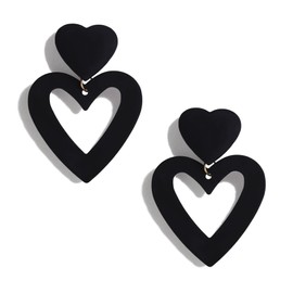PopTopping Double Heart Earrings Dangling Black Heart Dangle Earrings Love Heart Drop Earrings For Women (Black)