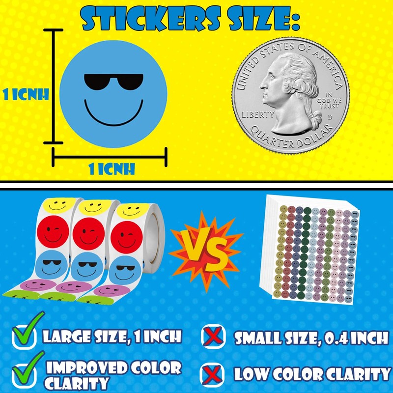 1500Pcs Smiley Face Stickers for Kids Sticker Rolls 10 Styles