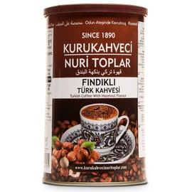 Kurukahveci Nuri Toplar Hazelnut Flavoured Turkish Ground Coffee Roasted in Wood Fire 250g Roller Metal Box