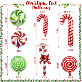 Christmas Candy Cane Foil Balloons, 16 Pieces Sweet Christmas Round Swirl Candy and Cane Mylar Balloons, Red and Green Xmas Candy Cane Balloons for New Year Candies Theme Baby Shower Party Decorations