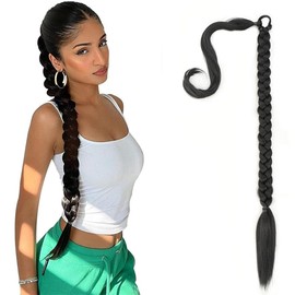 XYTAHDM Lange Pferdeschwanz-Haarverlängerungen, 80 cm lange schwarze, geflochtene, gefälschte Pferdeschwanzperücke, lange Pferdeschwanz-Haarverlängerungen für Damen mit Gummiband