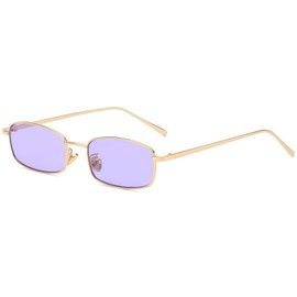 RUNHUIS Retro Classic Small Rectangle Sunglasses Men Women Vintage Slim Rectangular Metal Frame Glasses (Gold/Purple)