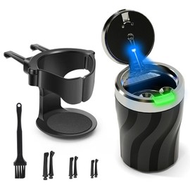 Geoyien Car Ashtray with Lid, Odour-Proof, with Holder and Cleaning Brush, Automatic LED Light, Sealed, Flame Retardant, Large Capacity