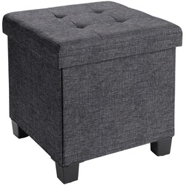 Ornavo Home 15 Inch Folding Storage Ottoman with Storage, Square Cube Linen Small Storage Ottoman Foot Rest Stool with Legs - Charcoal Gray