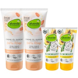 Alverde Natural Cosmetics Set of 4 Skin Care: Cream Oil Shower Gel Soft Care with Almond Oil, Cleans Gently without Drying Out, pH Neutral (2 x 200 ml) + Hand Cream Bee Happiness (2 x 75 ml) 550 ml