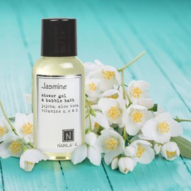 Nabila K Shower Gel & Bubble Bath - Body Wash for Men & Women - Non-Drying Formula with Jojoba, Aloe Vera, And Vitamins C, E & D - Naturally Derived Ingredients - Travel Size - Jasmine - 2.4 oz