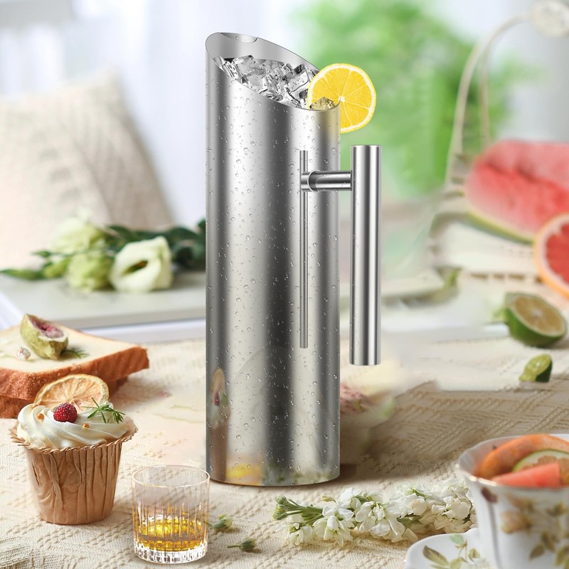 Smooth Silver Stainless Steel Water Pitcher with Ice Guard, Polished