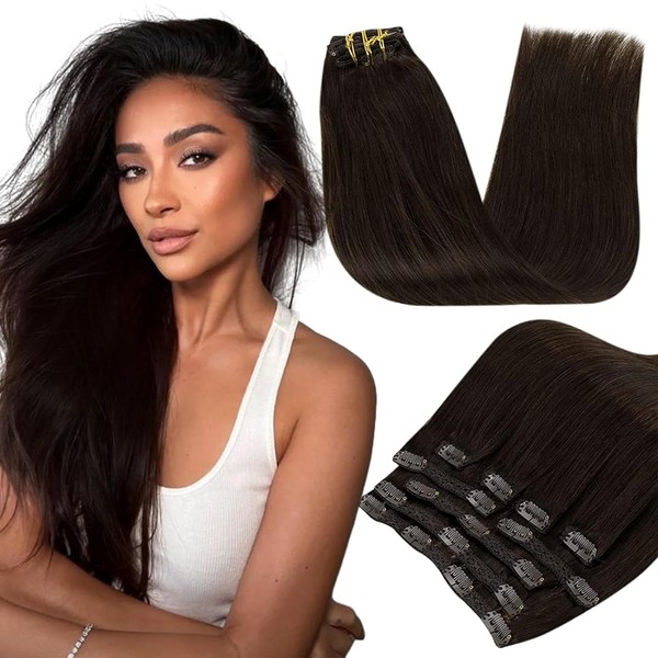 RUNATURE Dark Brown Clip in Hair Extensions Real Human Hair 20 Inch Real Human Hair Clip in Extensions Darkest Brown Remy Hair Extensions Clip Ins Double Weft Straight Natural Hair 120g 7Pcs