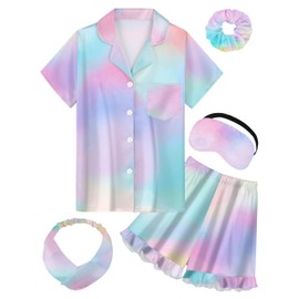 ALHAVONE Kids Silk Pajamas for Girls Satin Pajama Sets 2 Pcs Ruffle Pajamas Girls Button Down Pjs Set Sleepwear Loungewear (Tie Dye Rainbow-short, 130)
