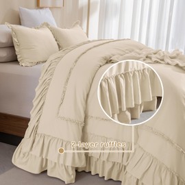 CozyTide 120x120 Oversized Comforter King Size,100% Cotton Farmhouse Shabby Boho Chic Ruffle California King Bed Comforter Set French Country Rustic Bedding 3PCS
