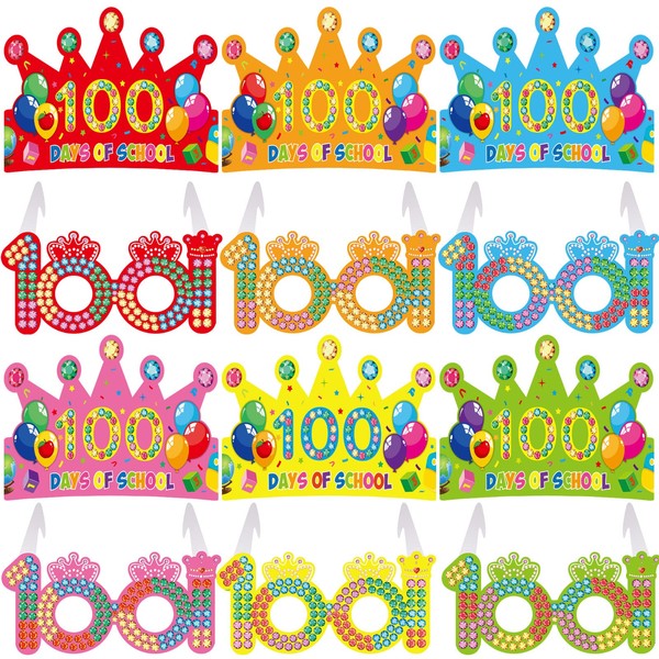 100th Day of School Glasses and Crowns 72 Pcs Paper Crowns Party Hats 100 Days of School Glasses Bulk for Kid Student Happy 100th Day Activities Gifts Craft Celebration Classroom Favor Supplies