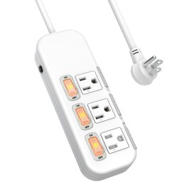 Flat Plug Power Strip Individual Switches, Extension Cord 3 feet, 3 Outlets, Surge Protector 300J, White, Wall Mountable Power Bar