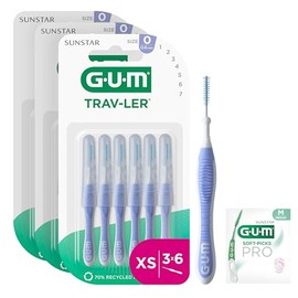 GUM TRAV-LER Interdental Brushes for Thorough Cleaning Between Teeth Flexible Handle Teeth Cleaning and Plaque Removal 0.6 mm, ISO 0 Size XS 3 x 6 Pack (with a Bonus Sample)