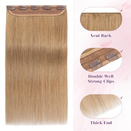 S-noilite Clip in Human Hair Extensions 1 Piece 5 Clips 3/4 Full Head Clip on Remy Hair Extension For Women Lighter One-Piece Design Adding Hair Volume 20Inch 50g Dark Blonde
