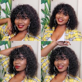 Short Curly Bob Wig Human Hair with Bangs, Wear and Go Glueless Curly Wigs for Black Women Machine Made None None Lace Front Wigs Natural Black Full Machine Wigs Can Be Permed & Dye 12 inch