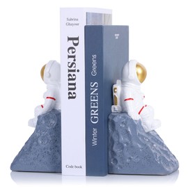 Gray Astronaut Bookends Set of 2 - Heavy Duty with Anti-Slip Base - Space Decor Bookends for Kids Rooms, Desktop & Bookcase Decor - Unique Book Holders for Office & Home