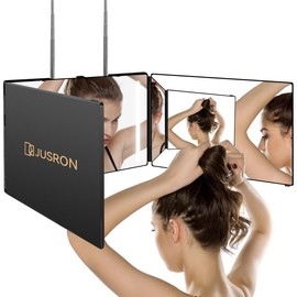JUSRON 3 Way Mirror for Self Hair Cutting, 360 Trifold Barber Mirrors 3 Sided Makeup Mirror to See Back of Head, Used for Hair Coloring, Braiding, Good Gifts for Men Women Haircare Heatless - Color: Black With Led