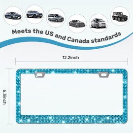 QUANQIUFEI 2 Pack Bling License Plate Frames, Sparkly Rhinestone Diamond Car License Plate Cover for Women, Stainless Steel Car Accessories with Glitter Crystal Caps (Blue Zircon)