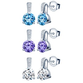 INFINIONLY Women's and Girls' Earrings, 925 Sterling Silver Earrings, 3 Bridge Claw Setting Single Diamond Earrings, Simple Colourful Zirconia Stud Earrings, Multi-sided Cutting, Sterling Silver,