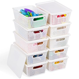 Anywish Plastic Storage Baskets With Lid, Storage Bins for Organizing, Stackable Decorative Containers for Shelves Drawers Desktop Closet Playroom Classroom Office, 10 Pack-White