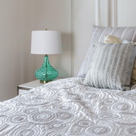 Elegant Designs LT3217-SEA 24" Modern Refined Bubbly Colored Glass Table Lamp with White Linen Tapered Drum Shade for Study, Dining Room, Sunroom, Bedroom, Living Room, Guest Room, Seafoam Green