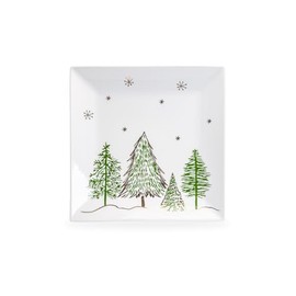 Gracie China Shop Christmas Pine Trees Fine Porcelain 10-inch Square Dinner Plate Set of 1, One Plate