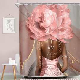 MESHELLY Pink Black African American Shower Curtain 60Wx72H Abstract Marble Black Girl Floral Flower Bathroom Curtain Positive Quotes Bath Curtain Cloth Fabric Bathroom Accessories Decor with 12 Hooks